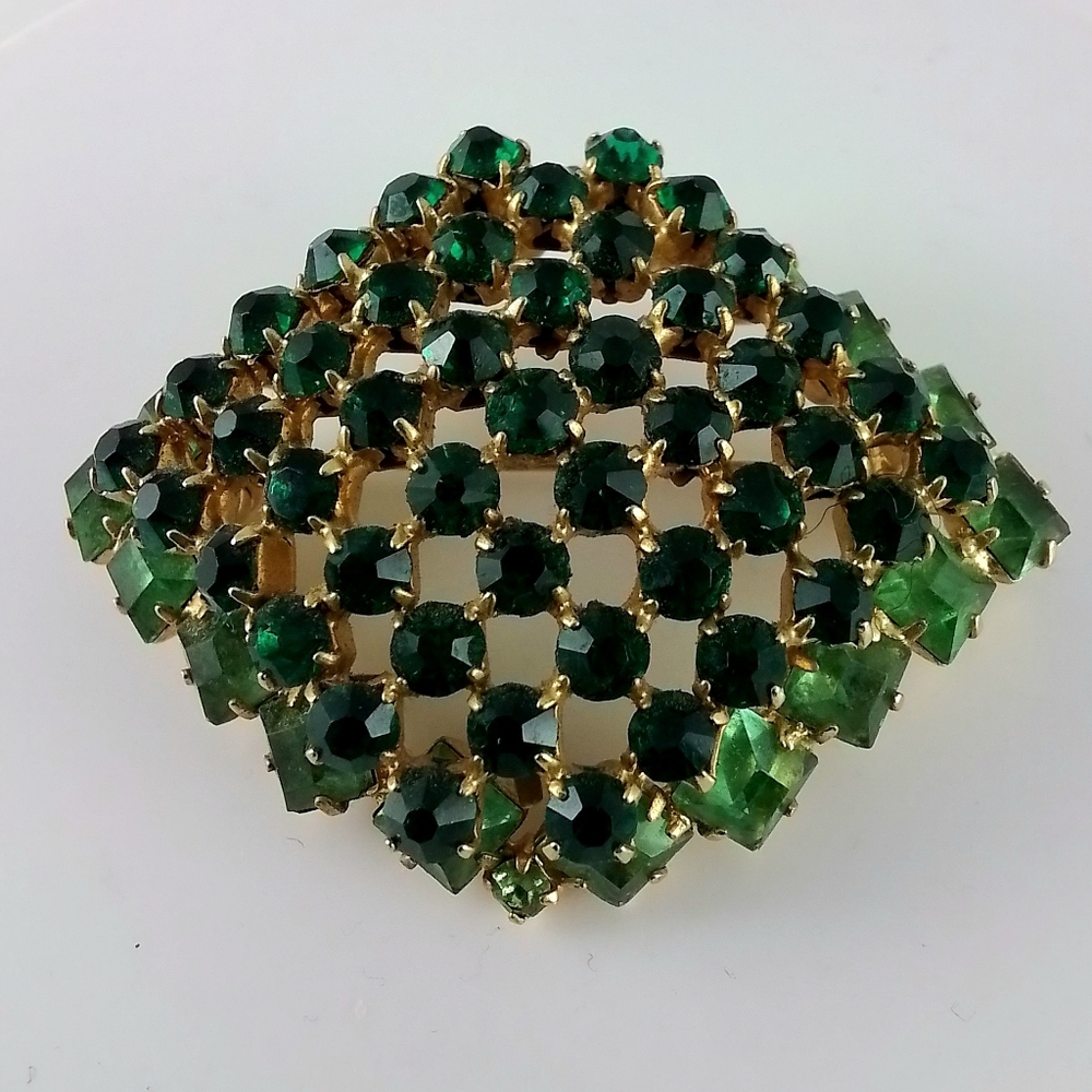 Large Vintage Green Rhinestone and Goldtone Women's Brooch